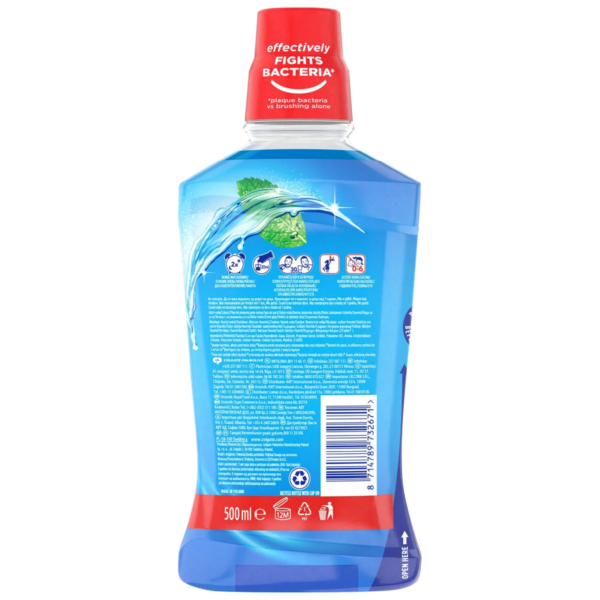 Colgate Plax Cool Mint Apă de Gură 500ml, spatele sticlei
