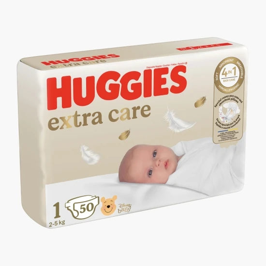 Huggies Extra Care, Scutece, 2-5 kg, Marime 1, Jumbo Pack, 50 Buc
