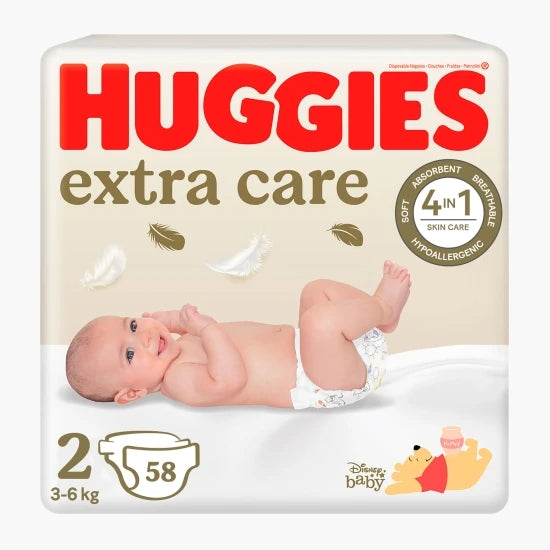 Huggies Extra Care, Scutece, 3-6 kg, Marime 2, Jumbo Pack, 58 Buc