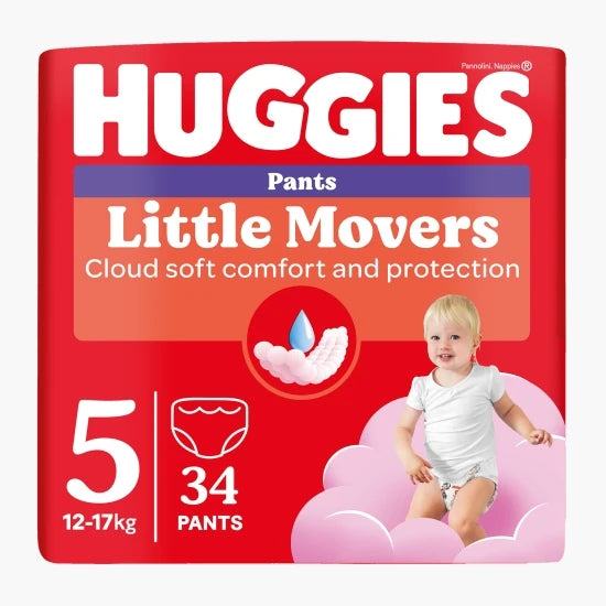 Huggies Little Movers Pants, Scutece Chilotel, 12-17 kg, Marime 5, Fetițe, Jumbo Pack, 34 Buc
